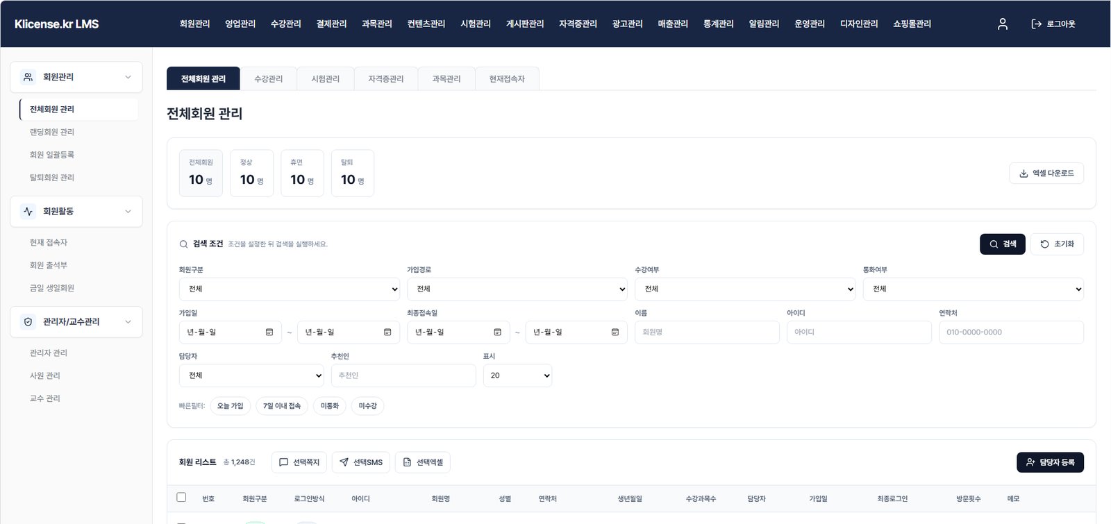 K-License LMS 관리자 대시보드 화면